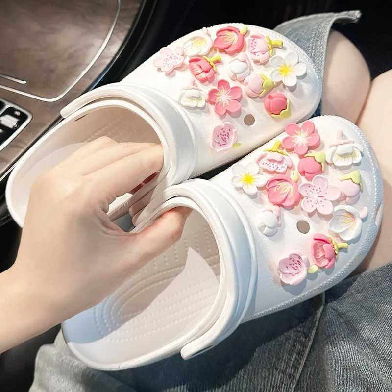 New Elegant Womens DIY Hole Shoes Charm Cute Cherry Blossom Shoes Accessories White Pink Full Match Shoes Decoration Fashion Bundle Z250402