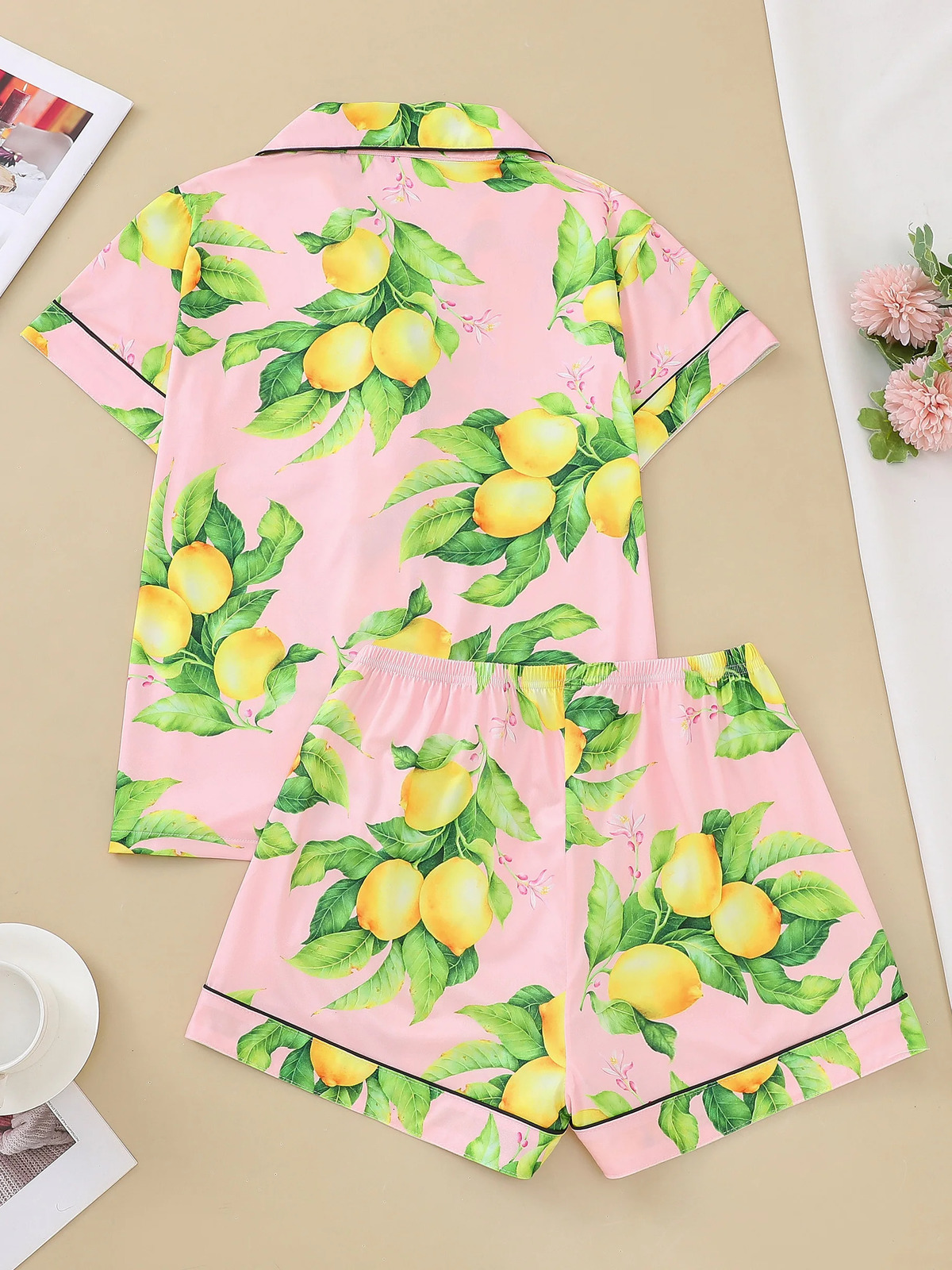 Foundation make-up lemon cardigan womens pajamas set short sleeve top and loose shorts comfortable womens pajamas 250403