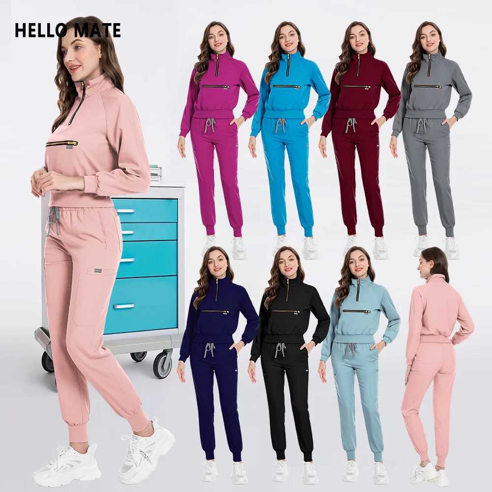 Pink Black Blue Nurse Scrubs Set Medical Surgical Uniforms Pet Hospital Long Sleeve Jogging Pants Set Dental Clinic Lab Workwear J251103