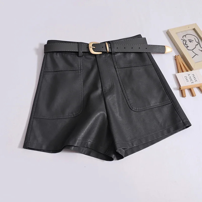 Womens PU leather autumn shorts with belt fashionable high waisted firstline office casual loose womens straight pants 250402m