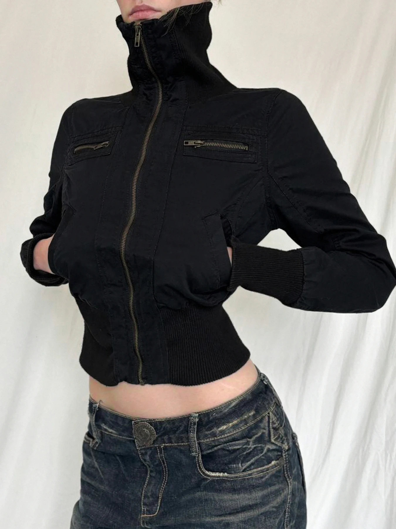 Korean Street Style Black Zip Up Turtleneck Slim Long Sleeve Bomber Jackets For Women 2024 Autumn Fashion Gothic Outwears250324