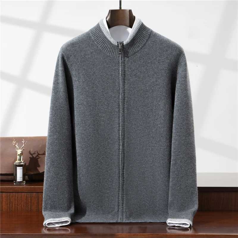 100 Wool Cardigan for Men Half Turtleneck Zipper Color Block Thickened Sweater Business Casual Outerwear Knitted JacketT251103