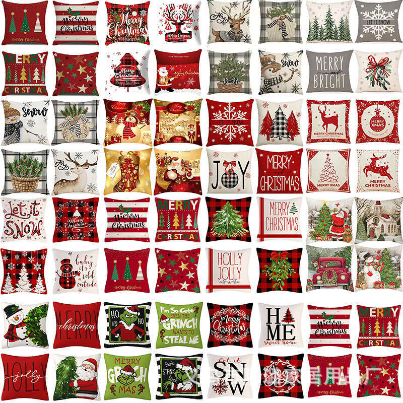 New Christmas Throw Pillow Cushion Home Decor Short Plush Linen Printed Pillowcase A set of four pieces
