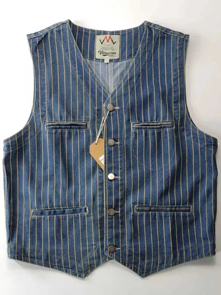 Spring New Japanese Retro Denim Striped Cargo Vest Mens Fashion Pure Cotton Washed Sleeveless V-neck Multi-pocket Casual Coat X250403
