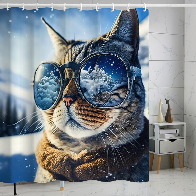 YL-37615 Digital Shower Curtain for Kitty Bathing, Bathroom Dry and Wet Separation, Polyester with Hooks, Isolation Curtain