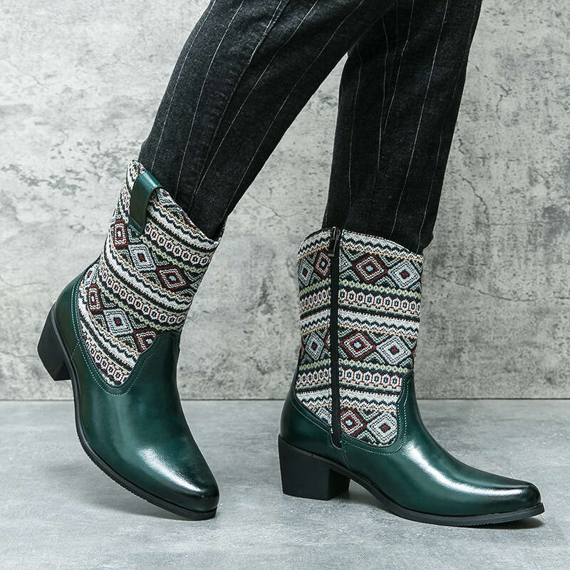 Large high-heeled denim for men, size 38-146, Western style embroidered leather boots, 2023 autumn/winter new short leg men's boots