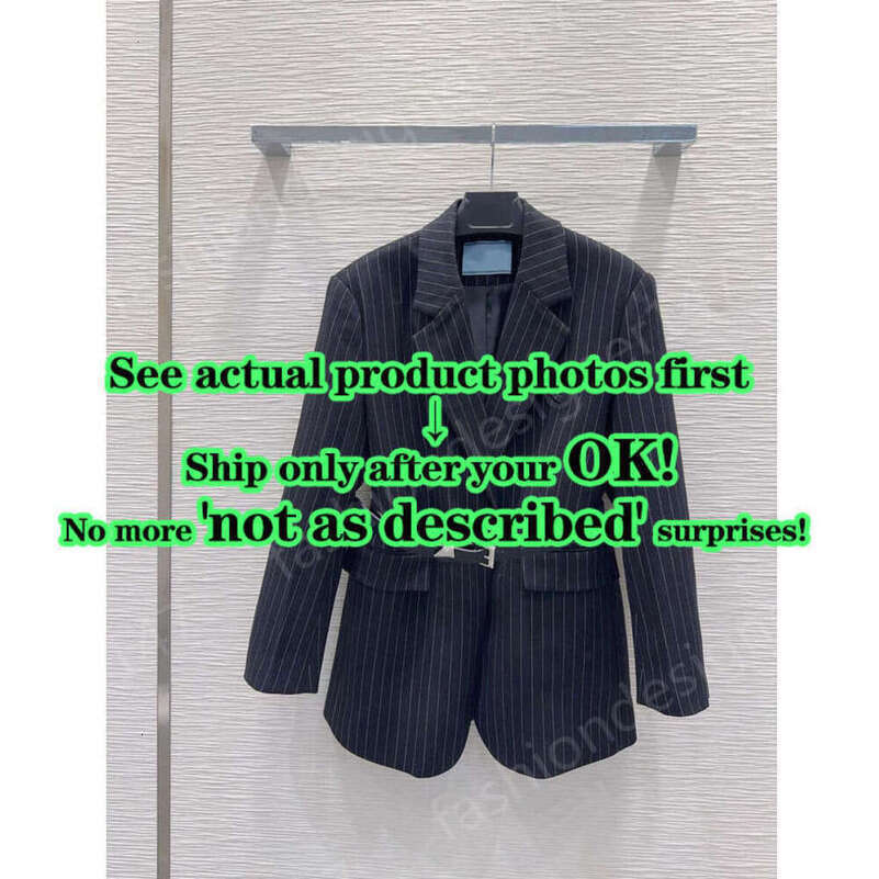 Luxury Designer Womens Striped Blazer Triangle PraLogo Badge Tailored Fit Single Button Matching Belt Elegant Casual SML