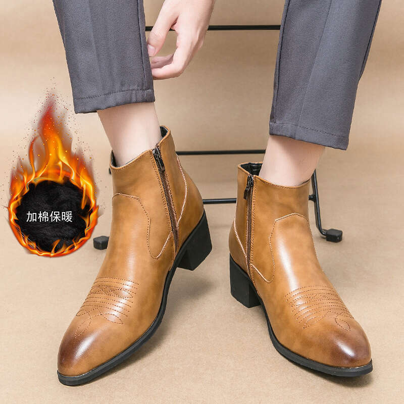 Large cotton 38-46 size men's leather shoes 2023 winter new British casual high top boots