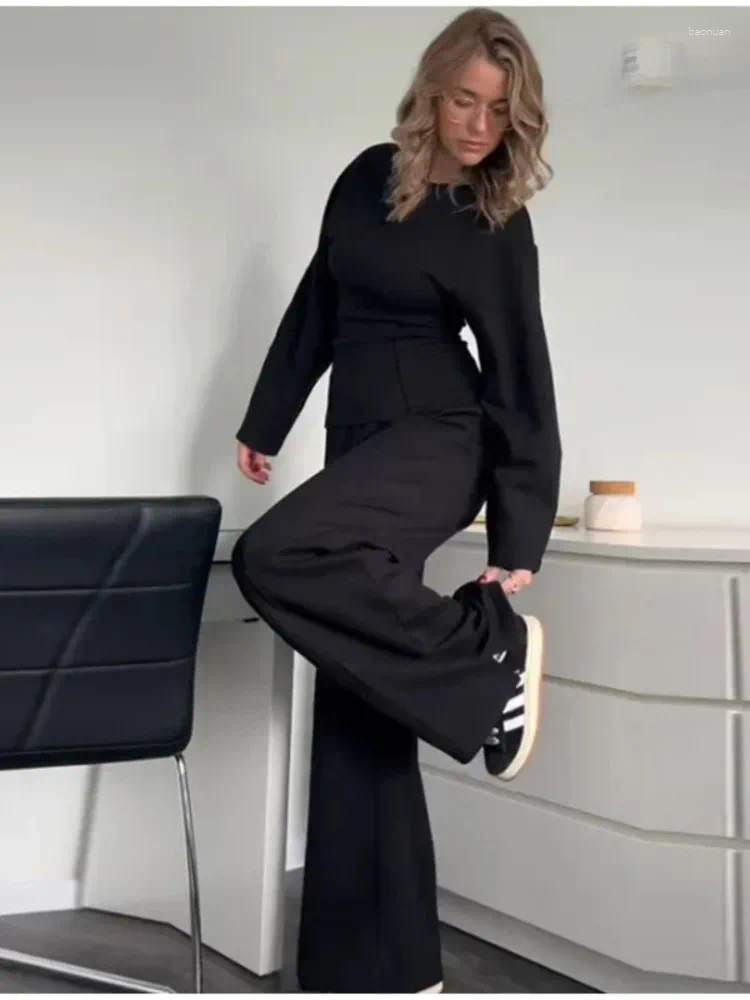 Womens Two-Piece Set Casual Solid Slim O-Neck Top with Long Sleeves & Wide-Leg Pants - Autumn Winter Office Wear C260312