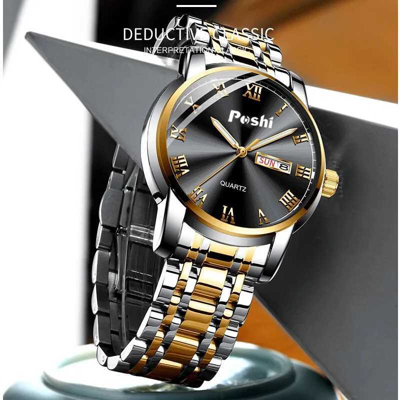 POSHI Stainless Steel Quartz Wrist Watch for Man Luxury Week Date Display Luminous Bracelet Fashion Mens Watch Original ClockW251104