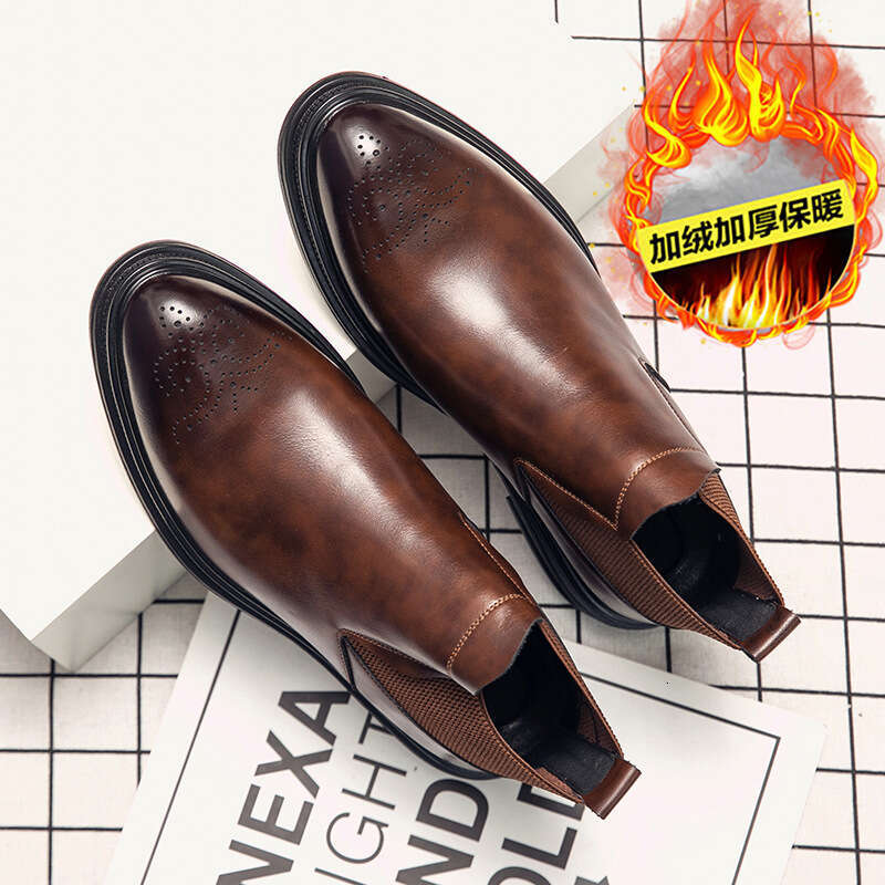 Large size cotton Block carved 2023 winter new British high top workwear leather shoes for men