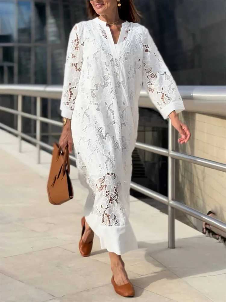 White Embroidery Lace Dress Women Spring Sexy V Neck Hollow Out Party Dress New Boho Loose Long Dress Holiday C251103
