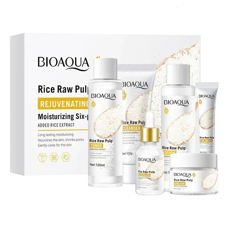 BIOAQUA 6pcsset Rice Raw Pulp Skin Care Set Face Cream Essence Facial Cleanser Toner Korean Face Care 251030