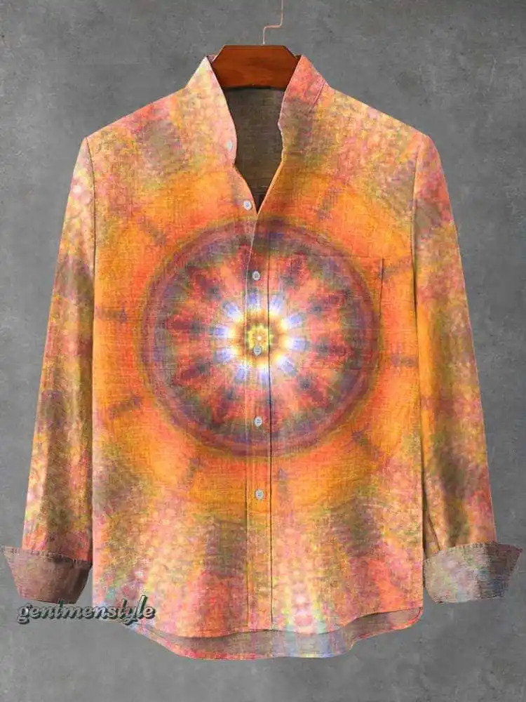 2025 SpringSummer Mens Fashion Stand Collar Linen Long Sleeve Elegant Fragmented Pattern Printed Top 250403