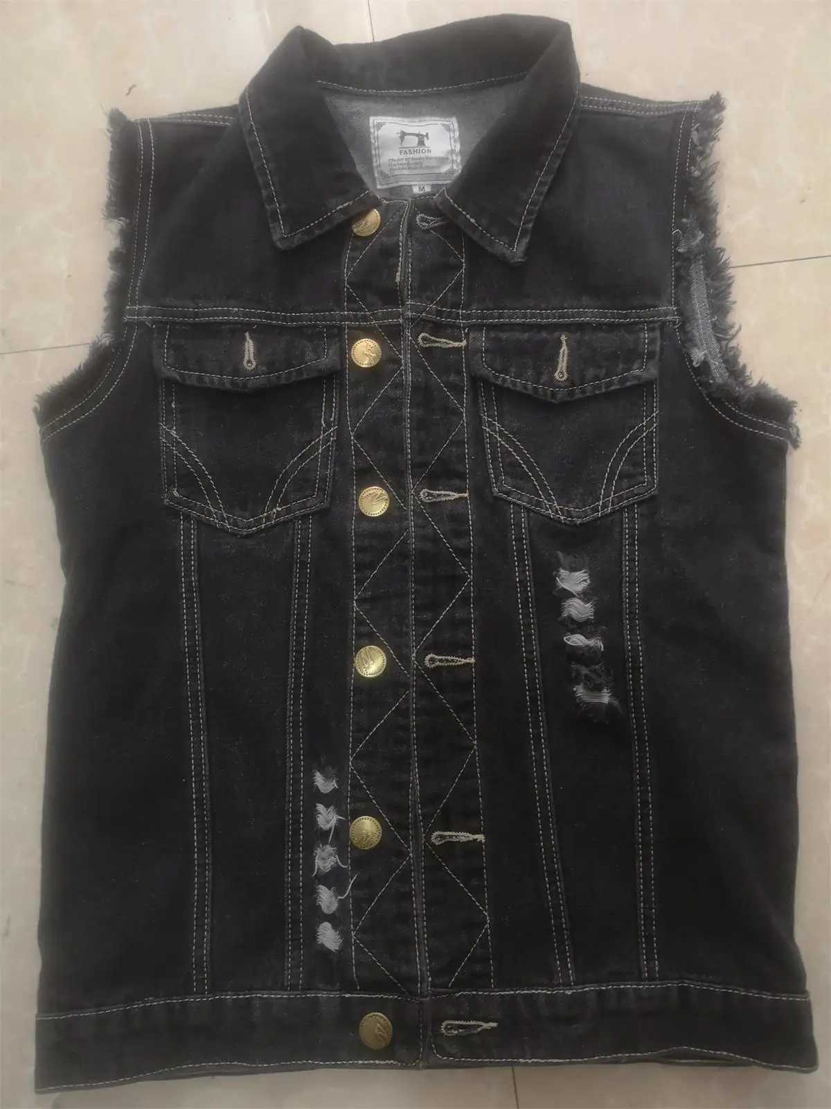 Mens Spring/Summer New Outdoor Cycling Motorcycle Punk Print Pattern Hollow Out Raw Edge Sleeveless Tank Top Denim Jacket X250403