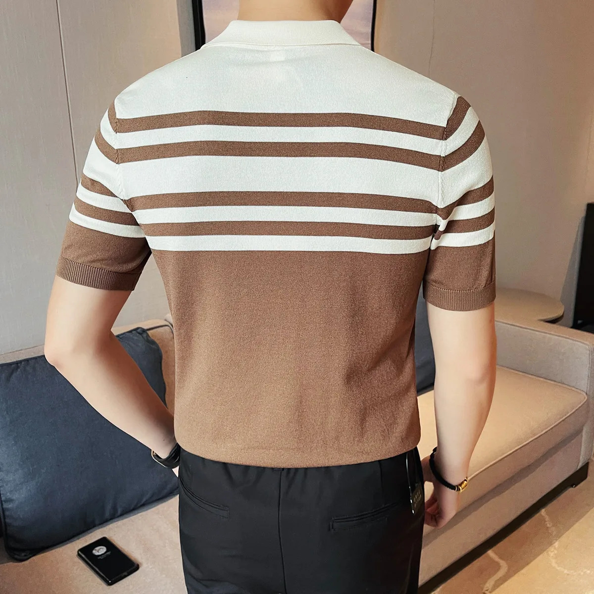 Mens polo shirt summer fashion patch work color short sleeved knitted mens casual polo shirt slim fit mens collar T-shirt 250402