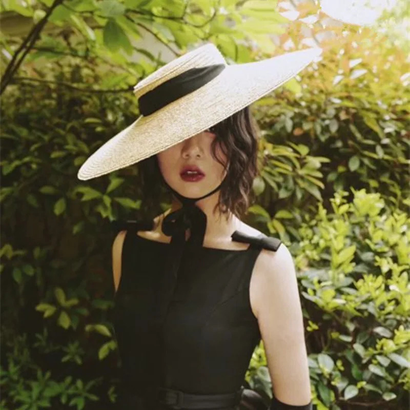 Wide Brim Boater Hat 19cm 15cm 10cm Brim Straw Hat Flat Women Summer Hat White Black Ribbon Tie Sun Hat Beach Cap 250402