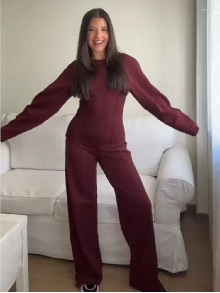 Womens Two-Piece Set Casual Solid Slim O-Neck Top with Long Sleeves & Wide-Leg Pants - Autumn Winter Office Wear C260312