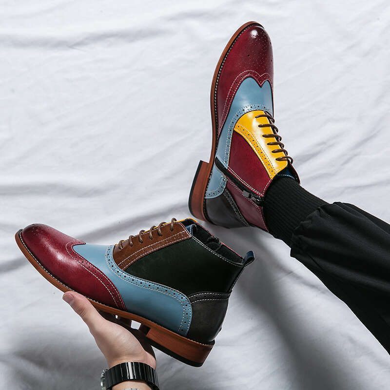 Large men's high cut side zipper color blocking leather with British style fashion pointed tie flat bottomed casual trendy shoes
