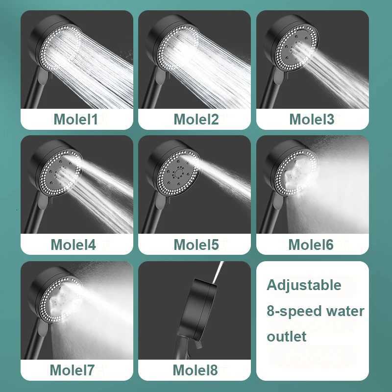 Adjustable Shower 8 Modes Highpressure Water Saving Black Shower Handheld Bathro Massage Showers Nozzle Y251103