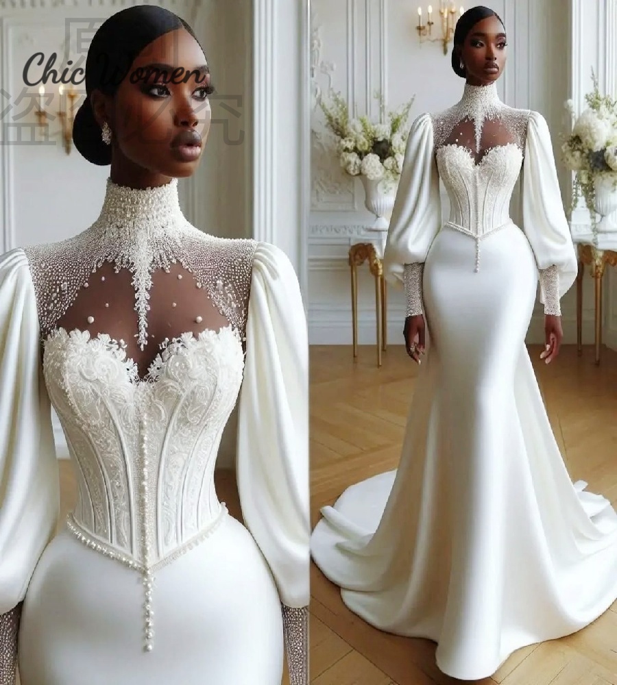 Stunning African Wedding Dress Aso Ebi High Neck Pearls Mermaid Bridal Gowns Long Sleeve Satin Bohemian Gypsy Civil War Bride Dress Vestio De Novias 2
