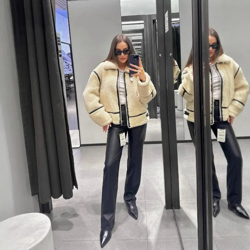 PRINTKAOIR Autumn Womens European and American Style Artificial Fur Effect Motorcycle Jacket Coat with Integration 251106