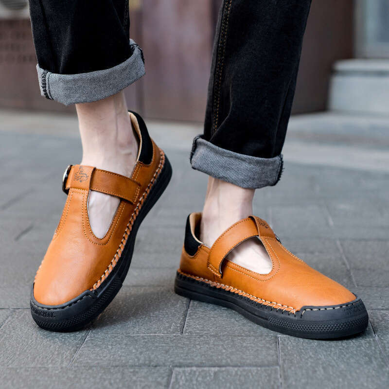 Fashionable men's outdoor low top leather seasonal trendy casual shoes, oversized youth flat shoes