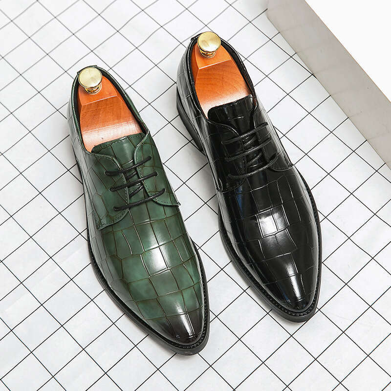 Four Seasons Fashion Trend Large Size 48 Pointed Leather Men's Green Business Dress Wedding Shoes
