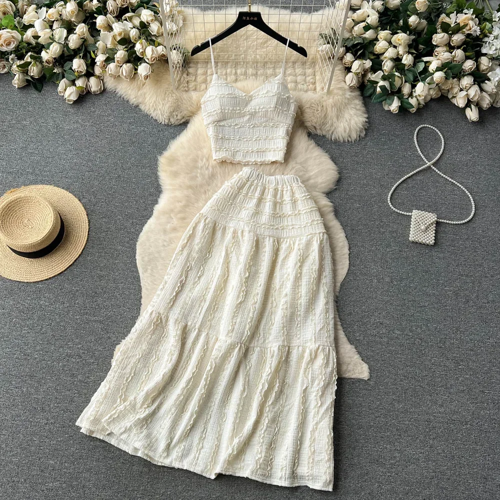 Summer Lace Patchwork Beach Two Pieces Sets Women Sexy Camisole+A Line Long Skirt Elastic Bohemian Suits