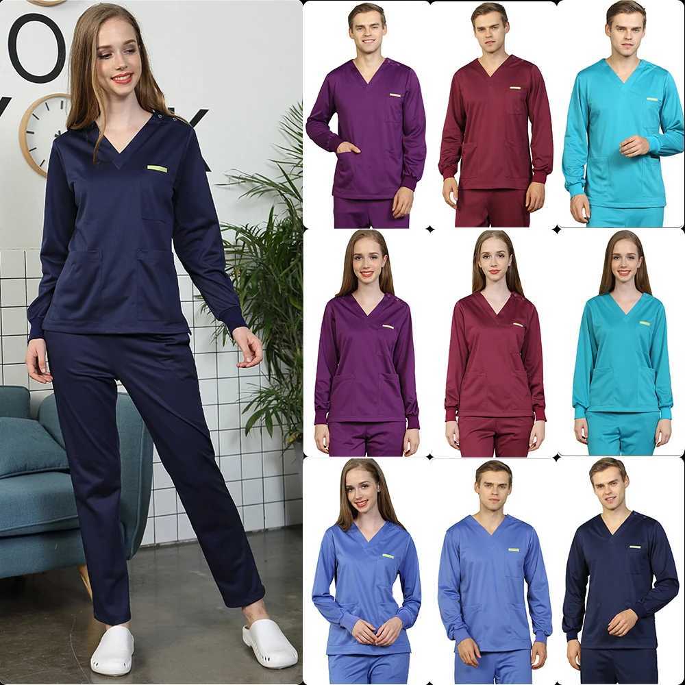 Women Men Silky Scrub Uniform Nursing Workwear Solid Color Scrubs Set Antistatic Top and Pant Long Sleeve Working Suits 30120 J251103