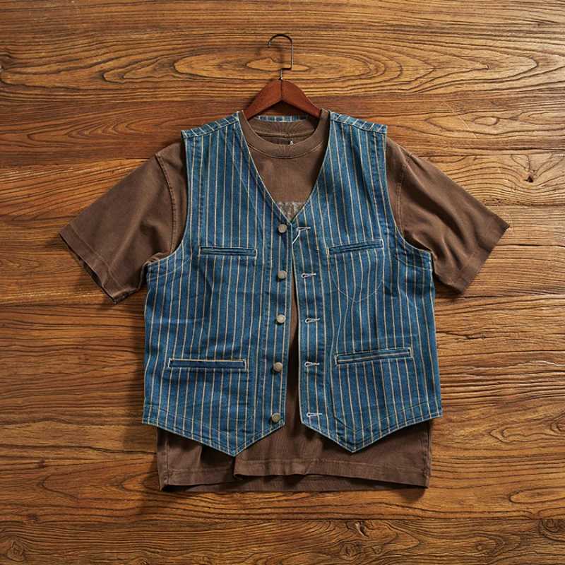May Khaki denim vest men fashion vintage do old striped vest multi-pocket V-neck folded wear cargo vest men X250403
