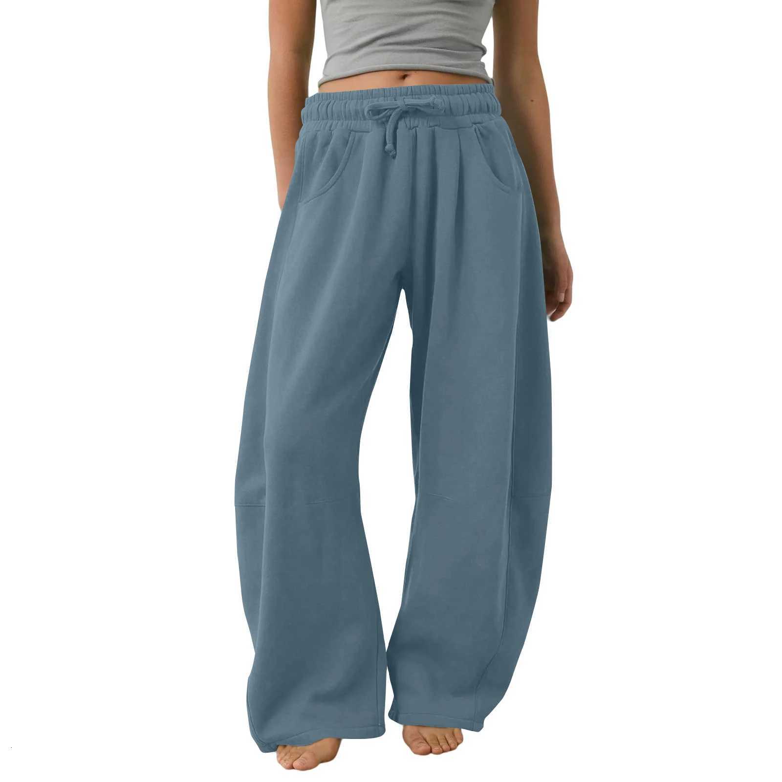 Womens Barrel Leg Sweatpant Solid Color Drawstring Elastic Waisted Wide Leg Pants Casual Comfy Palazzo Trousers With PocketsT251103