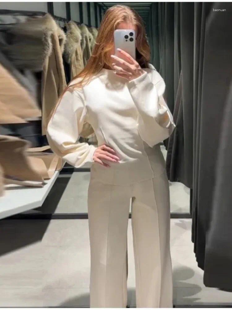 Womens Two-Piece Set Casual Solid Slim O-Neck Top with Long Sleeves & Wide-Leg Pants - Autumn Winter Office Wear C260312