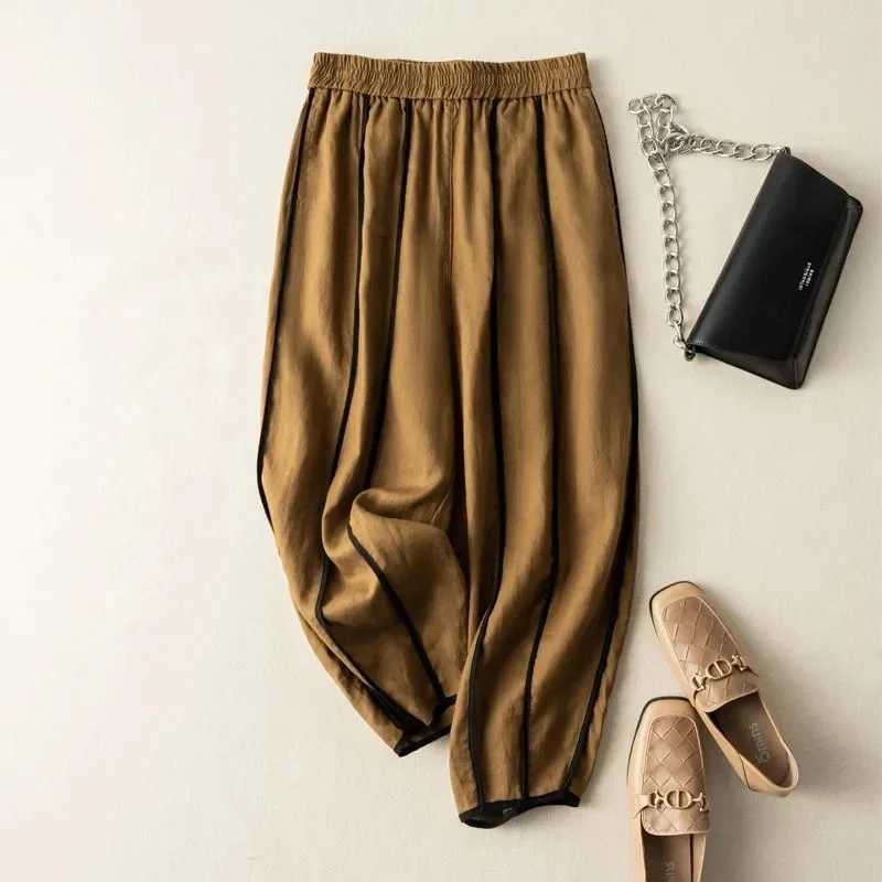 Bright Line Decoration Elastic High Waist Bloomers loose wide leg womens pants Korean fashion ankle length womens pants 2025XJ250403