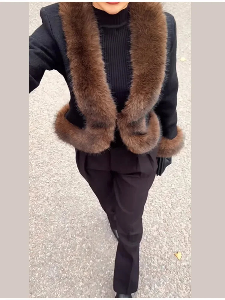 Fashion Splicing Irregular Faux Fur Coat Lady Chic Long Sleeve Vneck Warm Slim Fit Jacket Female Winter Party Daily Street Wear 251103