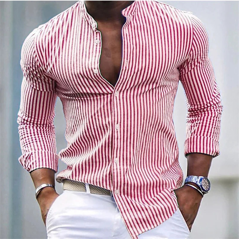 Mens button up shirt summer beach long sleeved striped stand collar Hawaiian holiday printed clothing fashionable classic casual 250403e