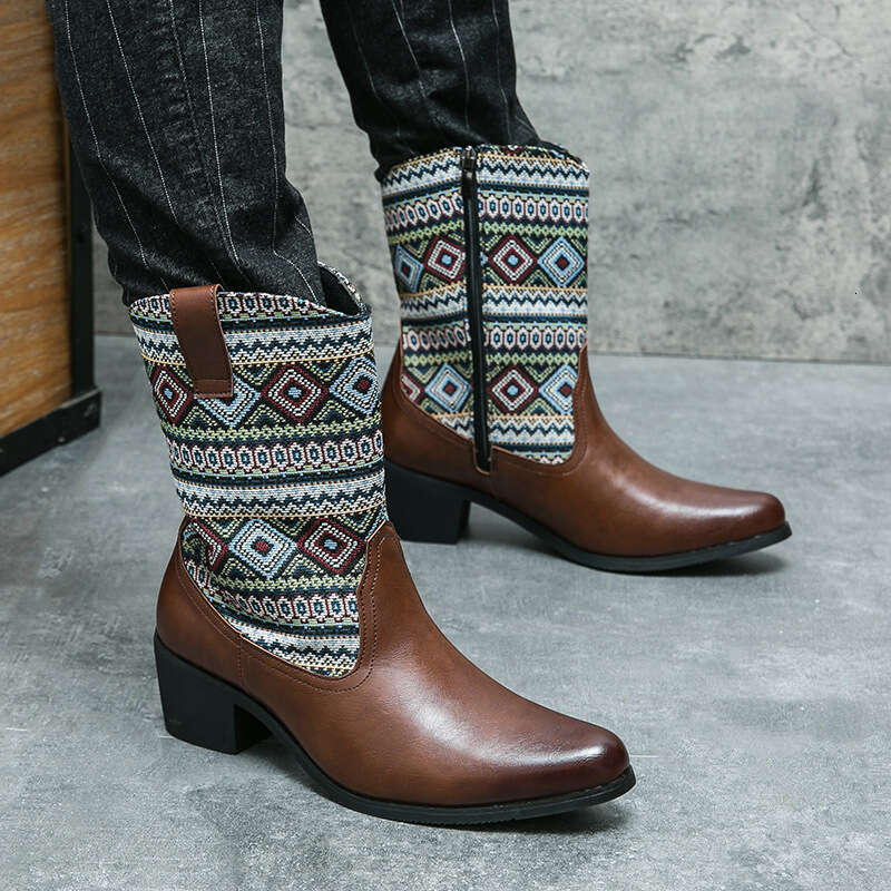Large high-heeled denim for men, size 38-146, Western style embroidered leather boots, 2023 autumn/winter new short leg men's boots