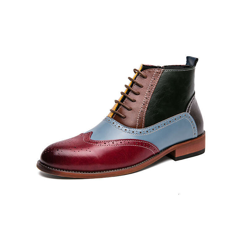 Large men's high cut side zipper color blocking leather with British style fashion pointed tie flat bottomed casual trendy shoes