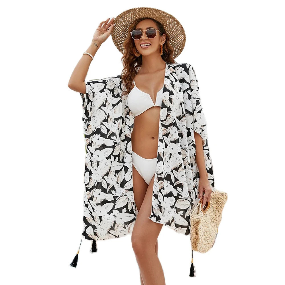 2024 womens printed kimono cardigan wool sweater casual swimsuit cover loose beach bohemian top summer travel vacation 250324Z
