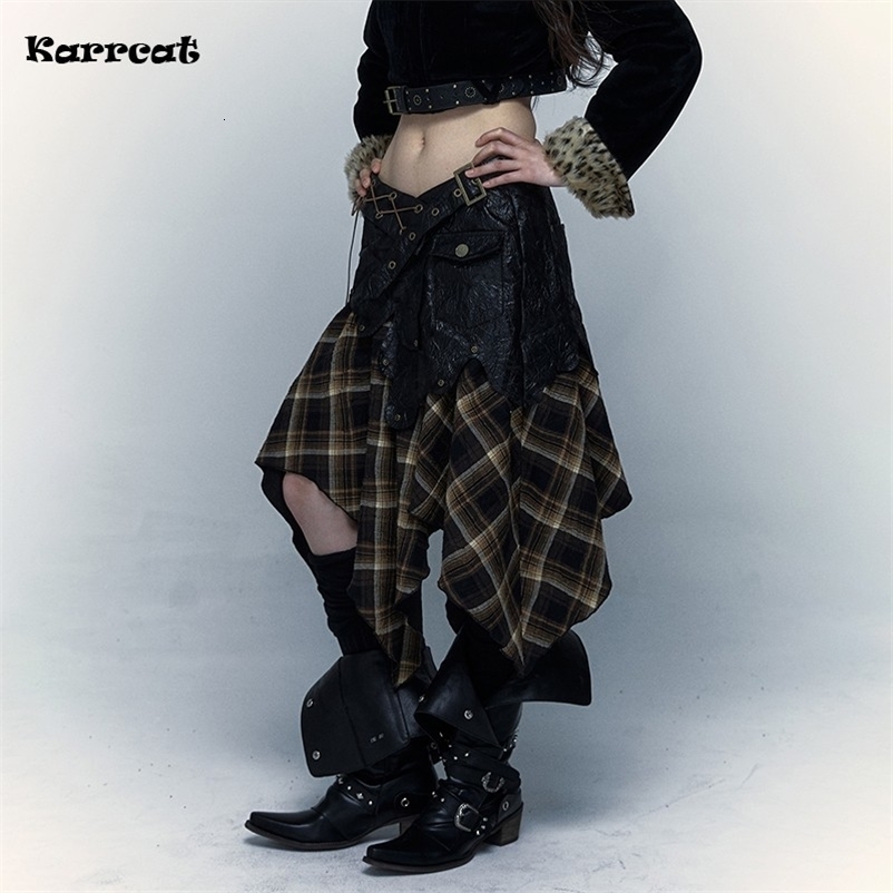 Karrcat Grunge Aesthetics Irregular Skirt Japanese Y2k Vintage Plaid Skirt Punk Patchwork Chic Skirt Gothic Harajuku250403