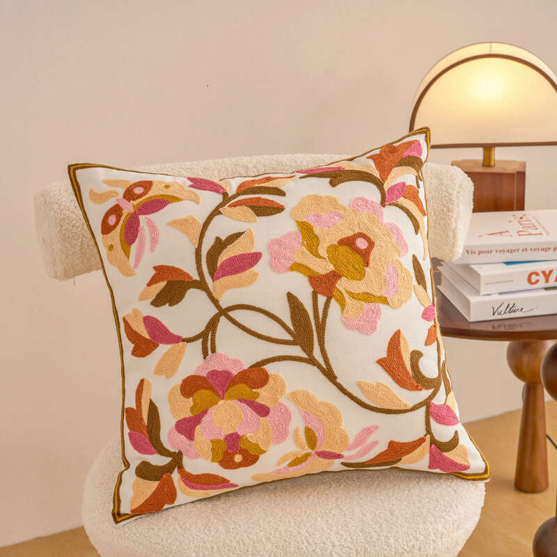 New Towel Embroidered Pillowcase Pastoral Style Canvas Sofa Pillow Home Bedside Bay Window Cushion Office Lumbar Support