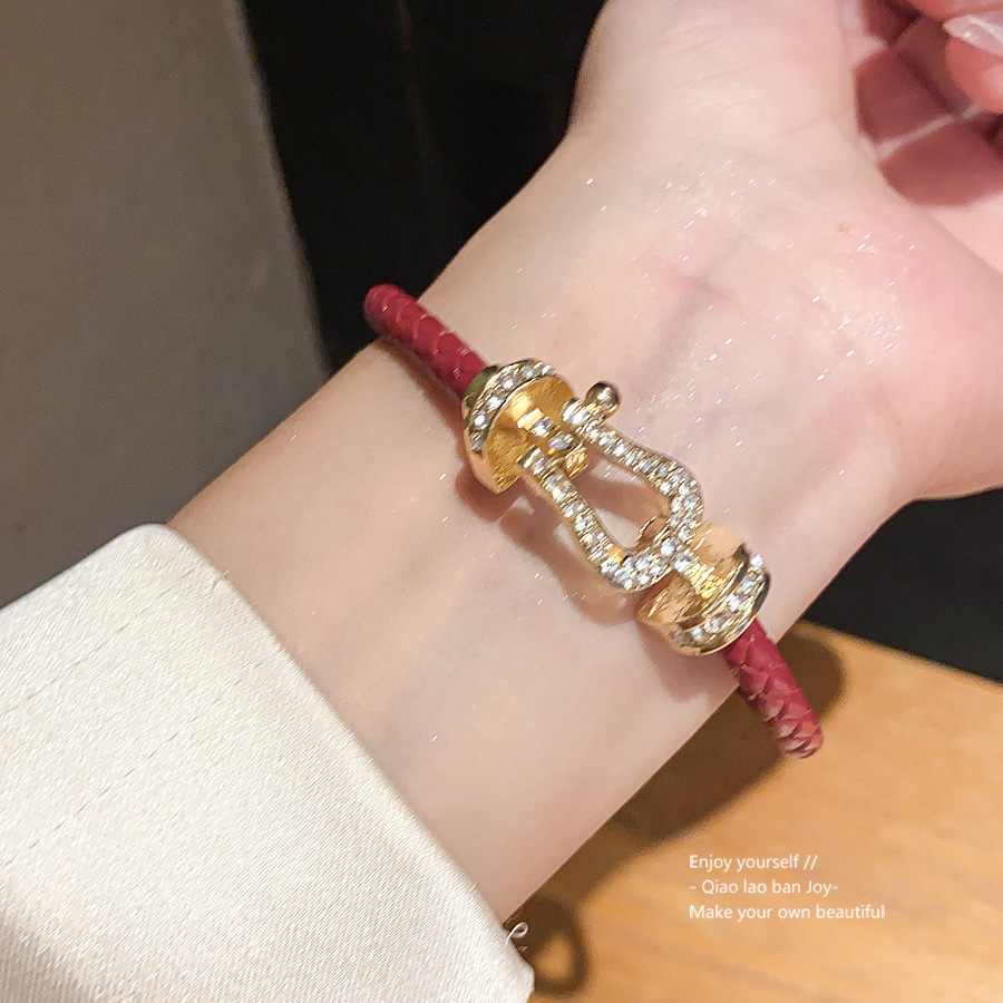 Gold Toned Red Braided Leather Bracelet With Rhinestone Embellished Clasp Detail Delicate Daily Elegant Jewelry Gift For Her High Quality Stylish Acce