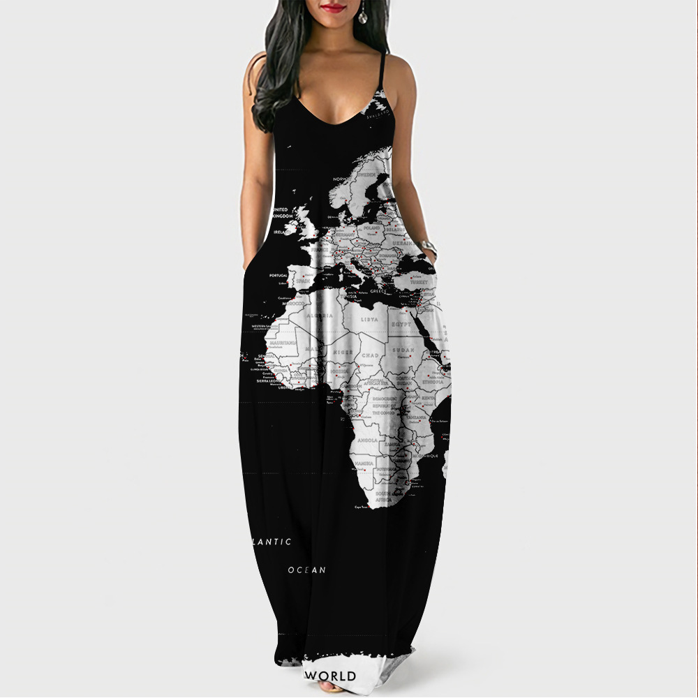 2022 New Summer Cool Style Strap Long Dress Map Digital Print Elegant Street Dress 230330