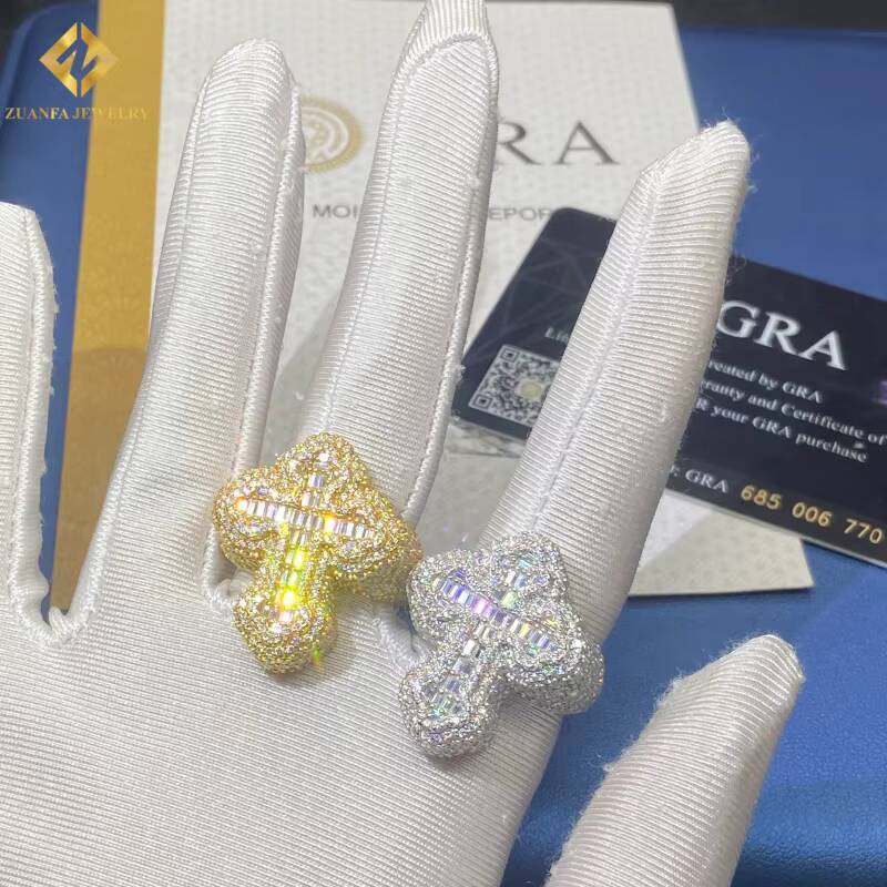 Hot Sale HipHop Cross Men Ring VVS Moissanite Ring Baguette Cut 925 Sterling Silver Moissanite Ring Past Diamond Tester with GRA