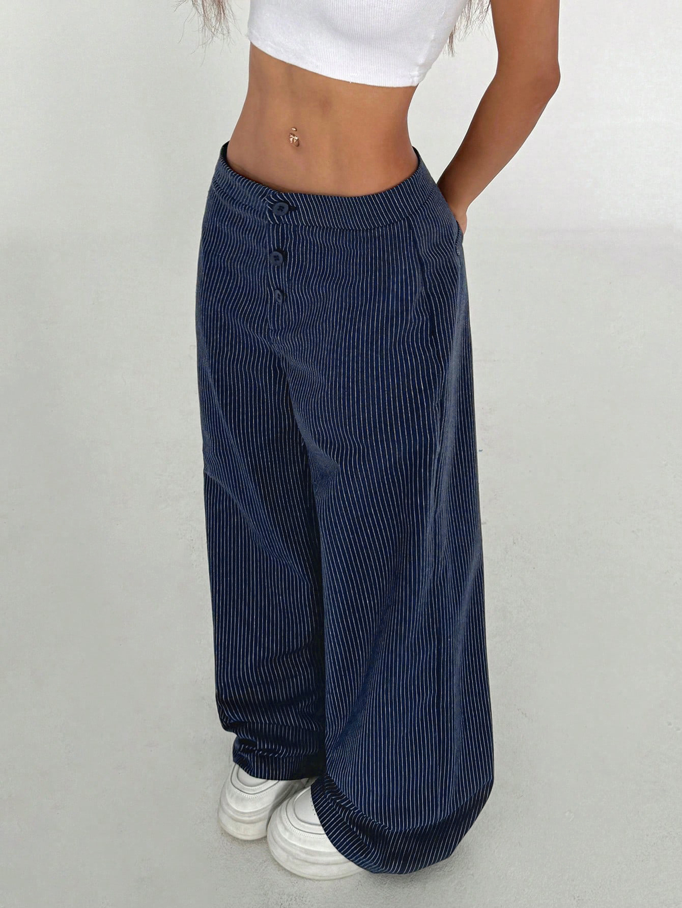 Women's Niche Retro Striped Wide-Leg Pants, American Vintage Minimalist Slim-Fit Trousers in Cotton-Polyester Blend, Office & Daily Wear Pants--1