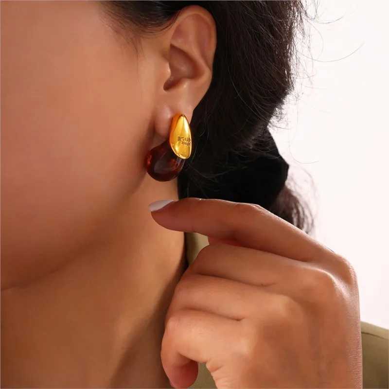 Womens Water Drop Stud Earrings Stainless Steel 18K Gold Plated Waterproof Brown Resin Womens Earrings Tears Earrings Cuff Girls Y250401