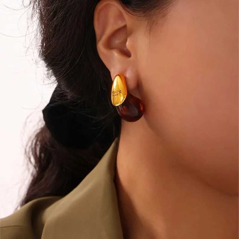 Womens Water Drop Stud Earrings Stainless Steel 18K Gold Plated Waterproof Brown Resin Womens Earrings Tears Earrings Cuff Girls Y250401
