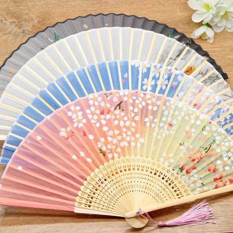 Bamboo Flower Fold Hand Fans Wedding Chinese Style Silk Fan Children Antique Folding Fan Gift Vintage Party Supplies