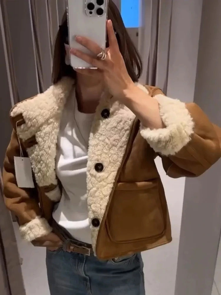 HH Winter Womens Reversible Faux Lamb Wool Jacket Vintage Long Sleeve Double Sided Thick Warm Coats Female Streetwear 251106