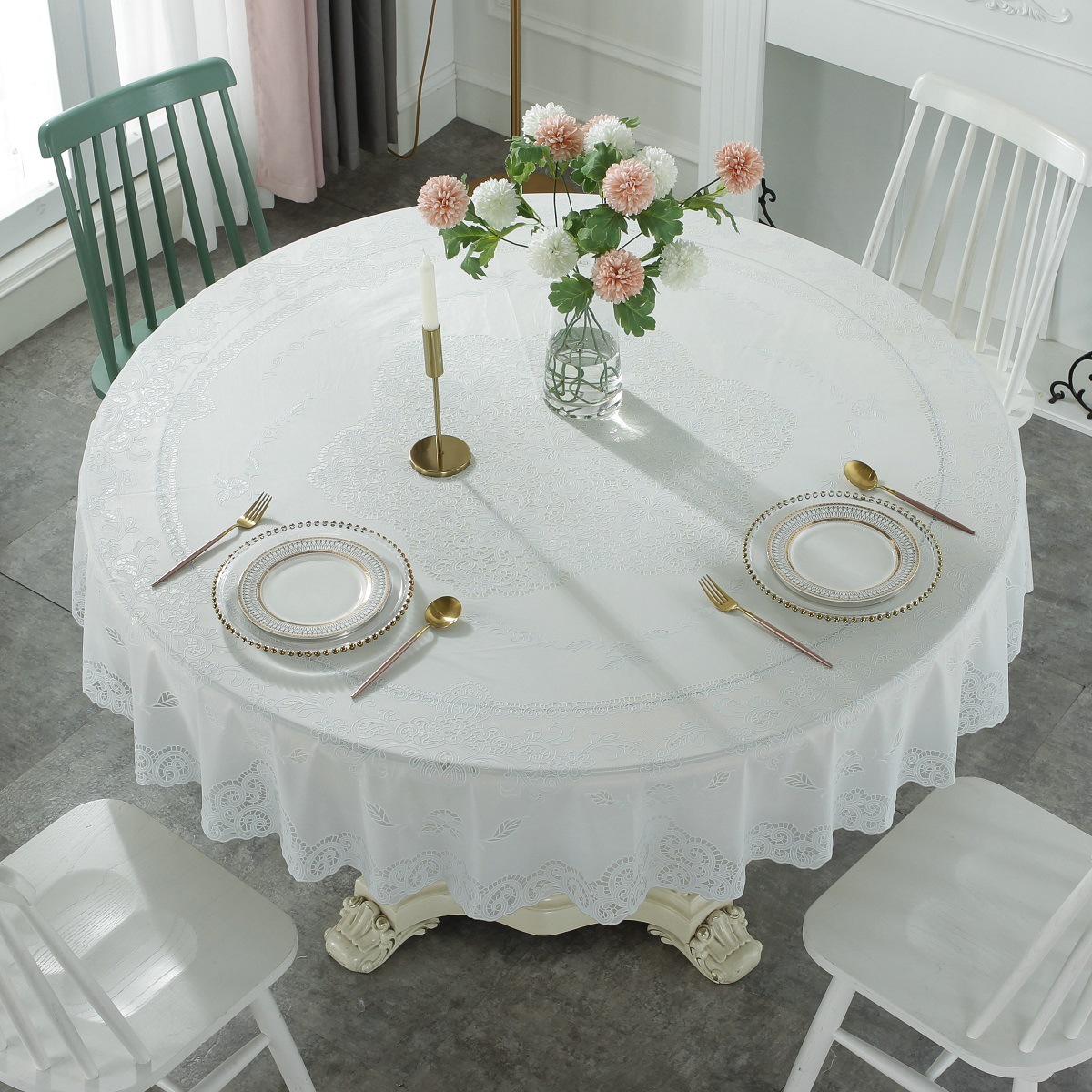 D152 Factory direct European style gold stamping PVC tablecloth household round tablecloth waterproof and oil proof hotel restaurant tablecloth pure w